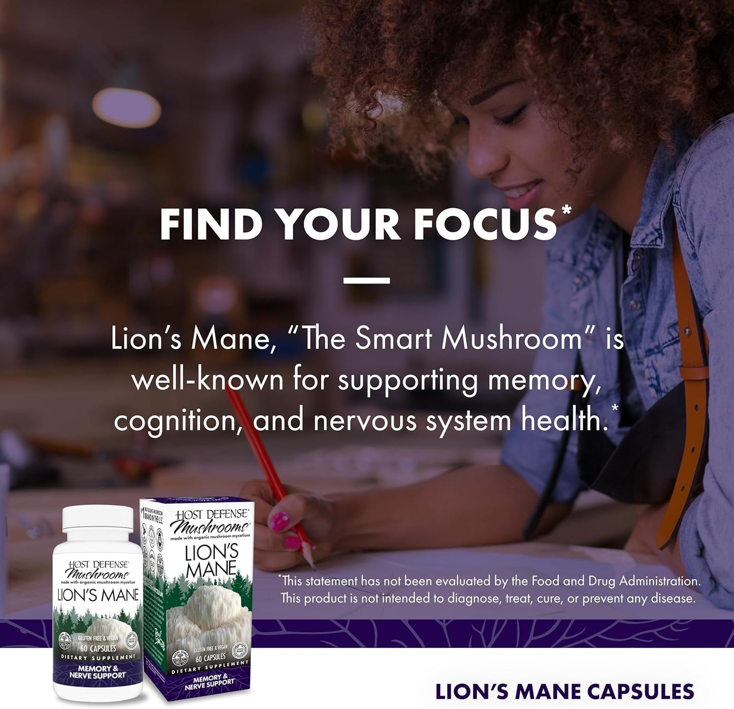 Lion's Mane Mushroom Supplement for Brain Health, Focus, and Memory - Immune and Nervous System Support - 60 Capsules
