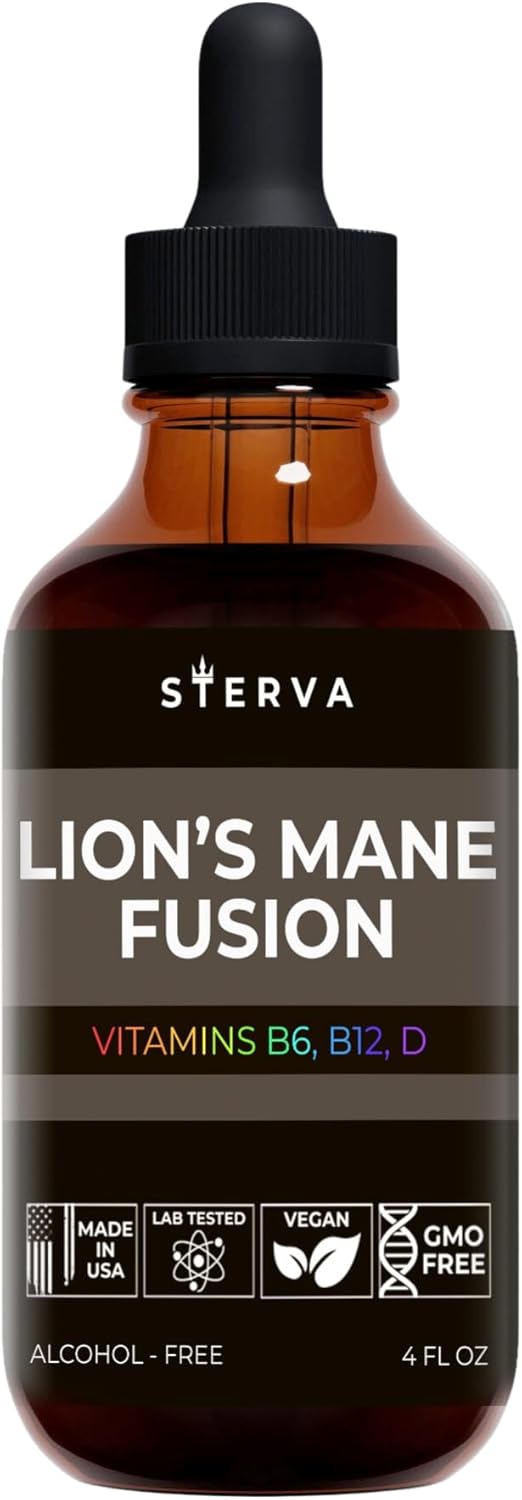 Lion’s Mane Mushroom Tincture for Cognitive Function - Liquid Supplement with B12, B6, D Vitamins - Memory, Focus, Concentration - Vegan Drops (4 Fl Oz)