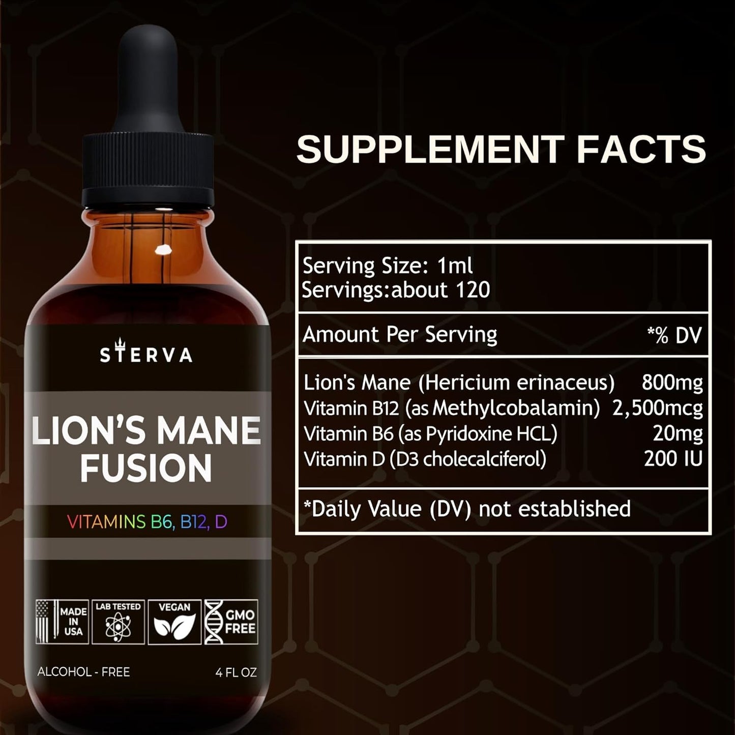 Lion’s Mane Mushroom Tincture for Cognitive Function - Liquid Supplement with B12, B6, D Vitamins - Memory, Focus, Concentration - Vegan Drops (4 Fl Oz)