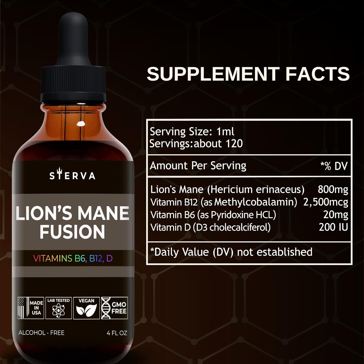 Lion’s Mane Mushroom Tincture for Cognitive Function - Liquid Supplement with B12, B6, D Vitamins - Memory, Focus, Concentration - Vegan Drops (4 Fl Oz)