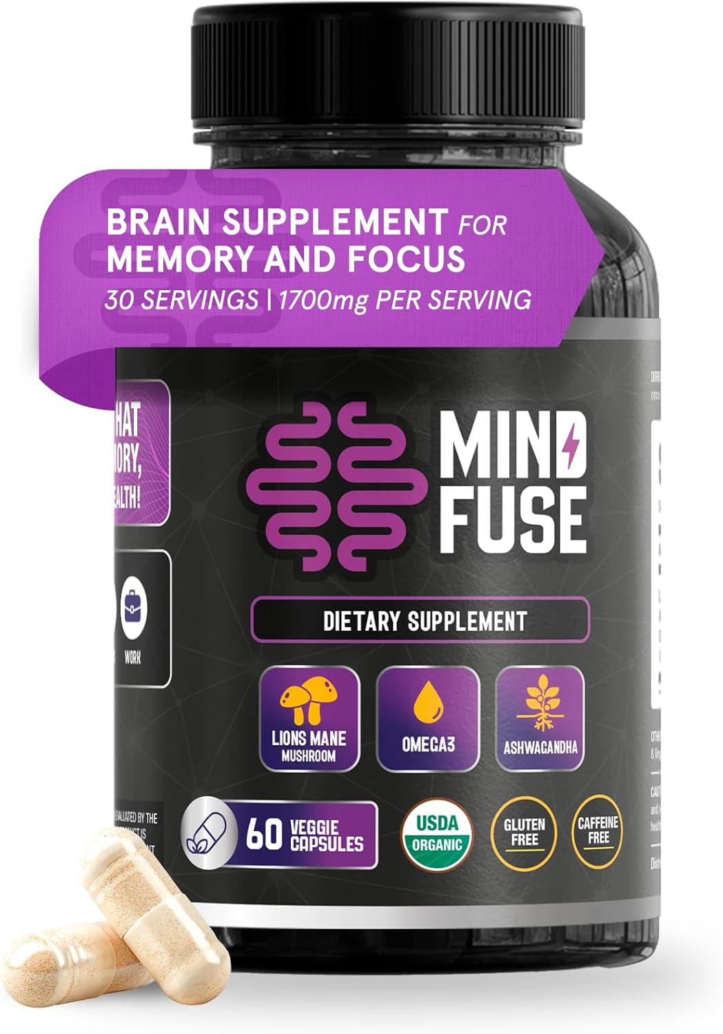 Lion’s Mane Nootropic Supplement for Memory & Focus - 60 Capsules with Omega-3, Ashwagandha, L-Theanine - Gluten-Free Formula for Adults