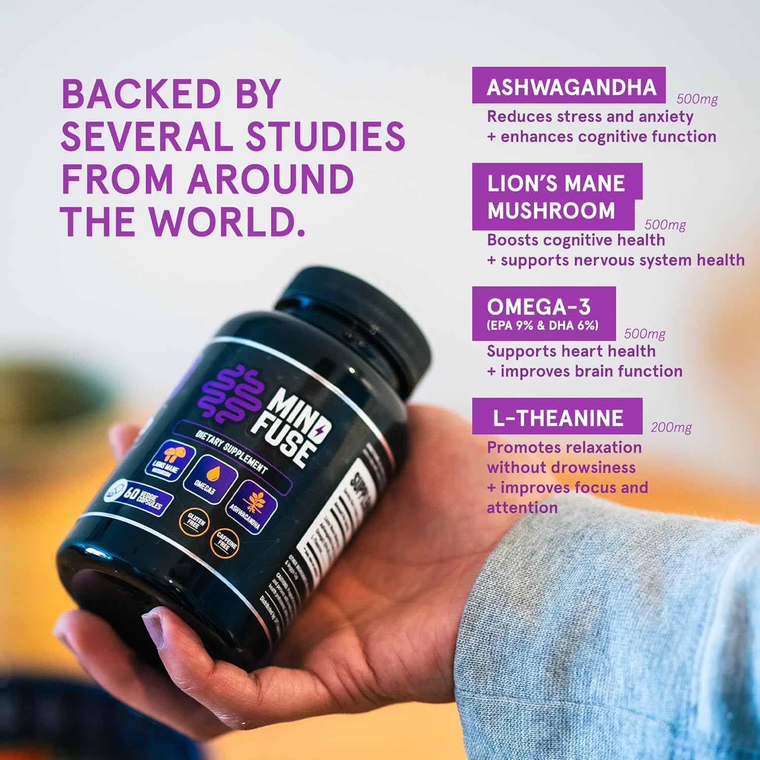 Lion’s Mane Nootropic Supplement for Memory & Focus - 60 Capsules with Omega-3, Ashwagandha, L-Theanine - Gluten-Free Formula for Adults
