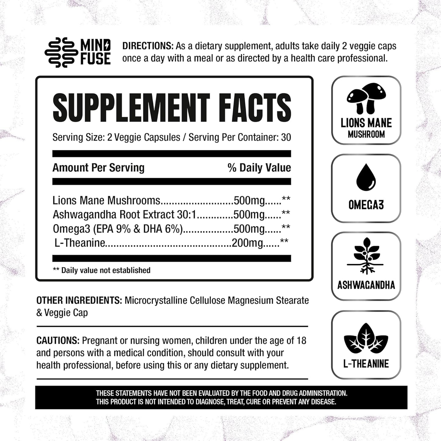 Lion’s Mane Nootropic Supplement for Memory & Focus - 60 Capsules with Omega-3, Ashwagandha, L-Theanine - Gluten-Free Formula for Adults
