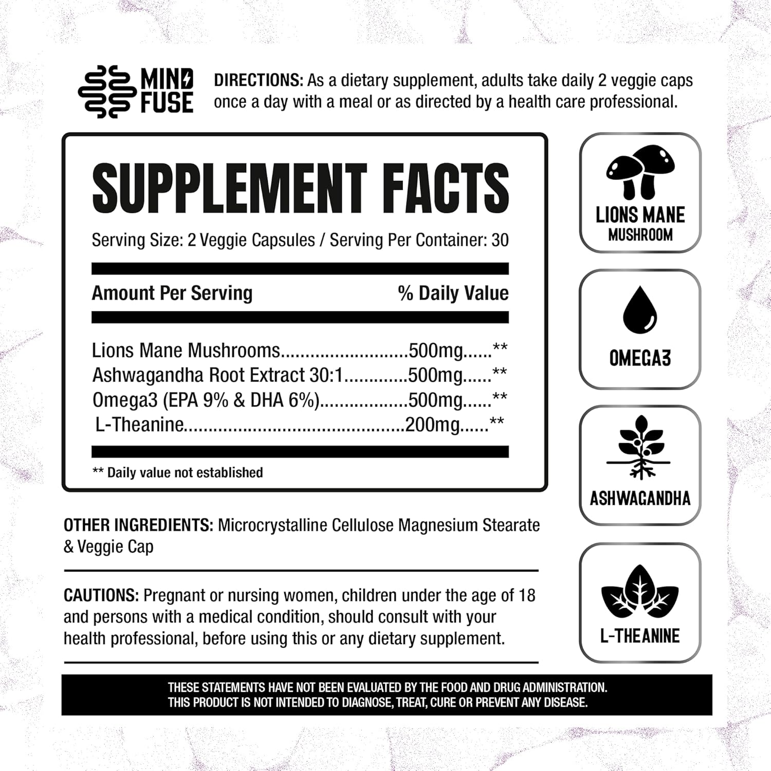 Lion’s Mane Nootropic Supplement for Memory & Focus - 60 Capsules with Omega-3, Ashwagandha, L-Theanine - Gluten-Free Formula for Adults