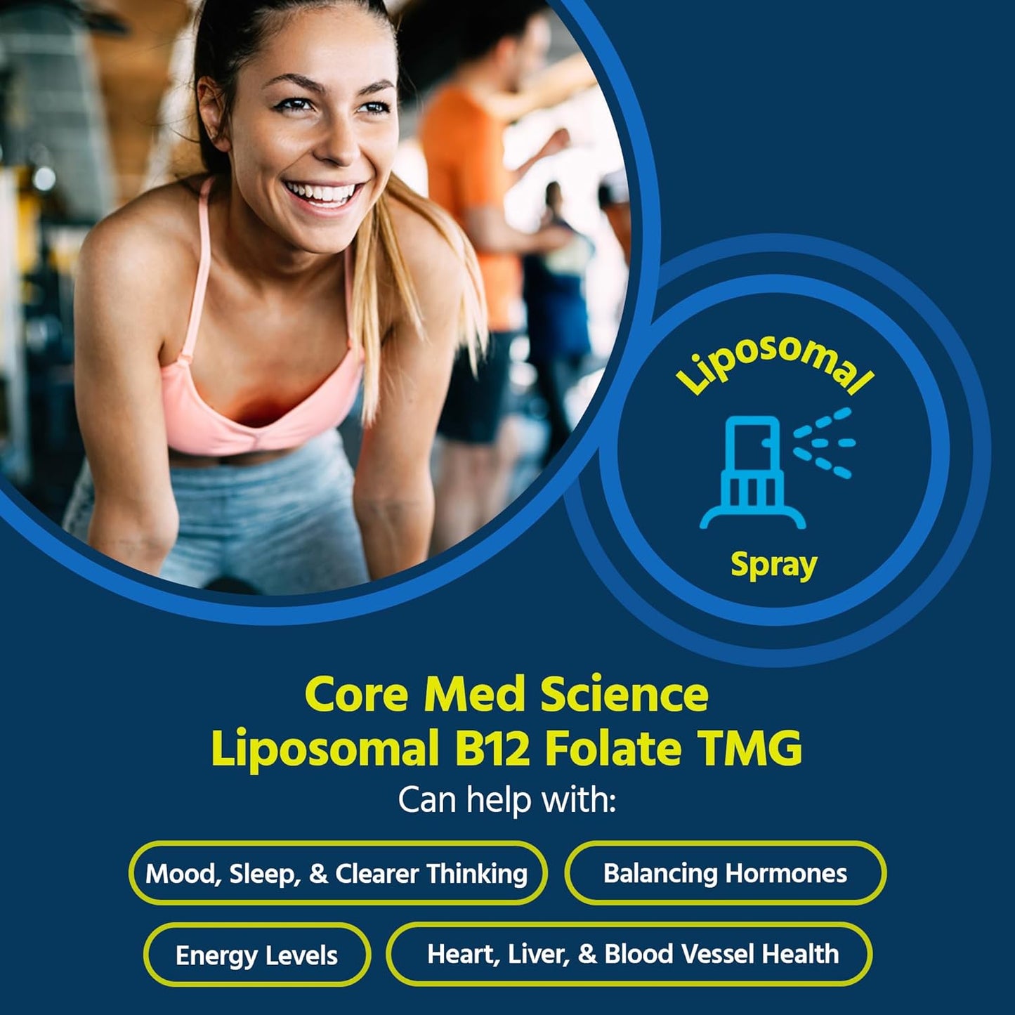 Liposomal B12 Folate TMG Liquid Spray - Mood, Cognitive, & Heart Health Support - Vitamin B9 & Betaine Supplement for Women & Men - 1 Fl Oz