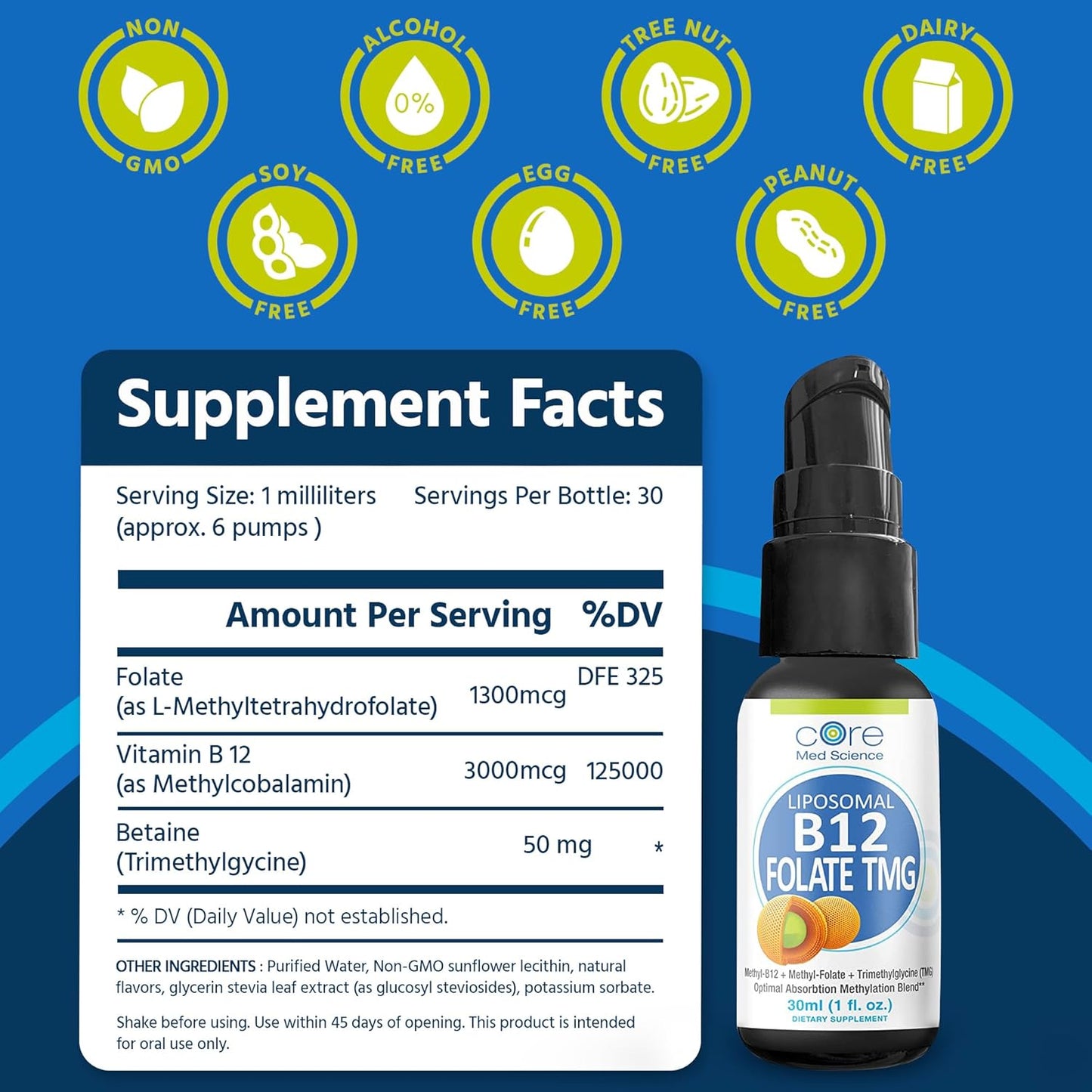 Liposomal B12 Folate TMG Liquid Spray - Mood, Cognitive, & Heart Health Support - Vitamin B9 & Betaine Supplement for Women & Men - 1 Fl Oz