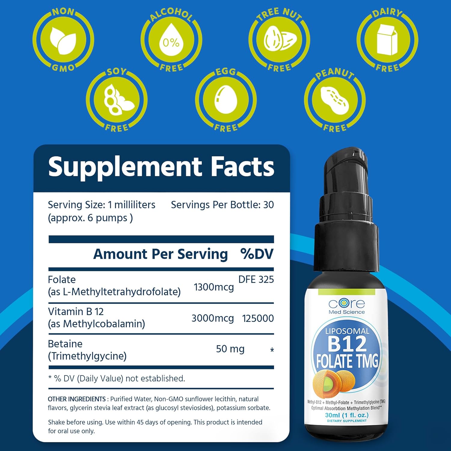 Liposomal B12 Folate TMG Liquid Spray - Mood, Cognitive, & Heart Health Support - Vitamin B9 & Betaine Supplement for Women & Men - 1 Fl Oz