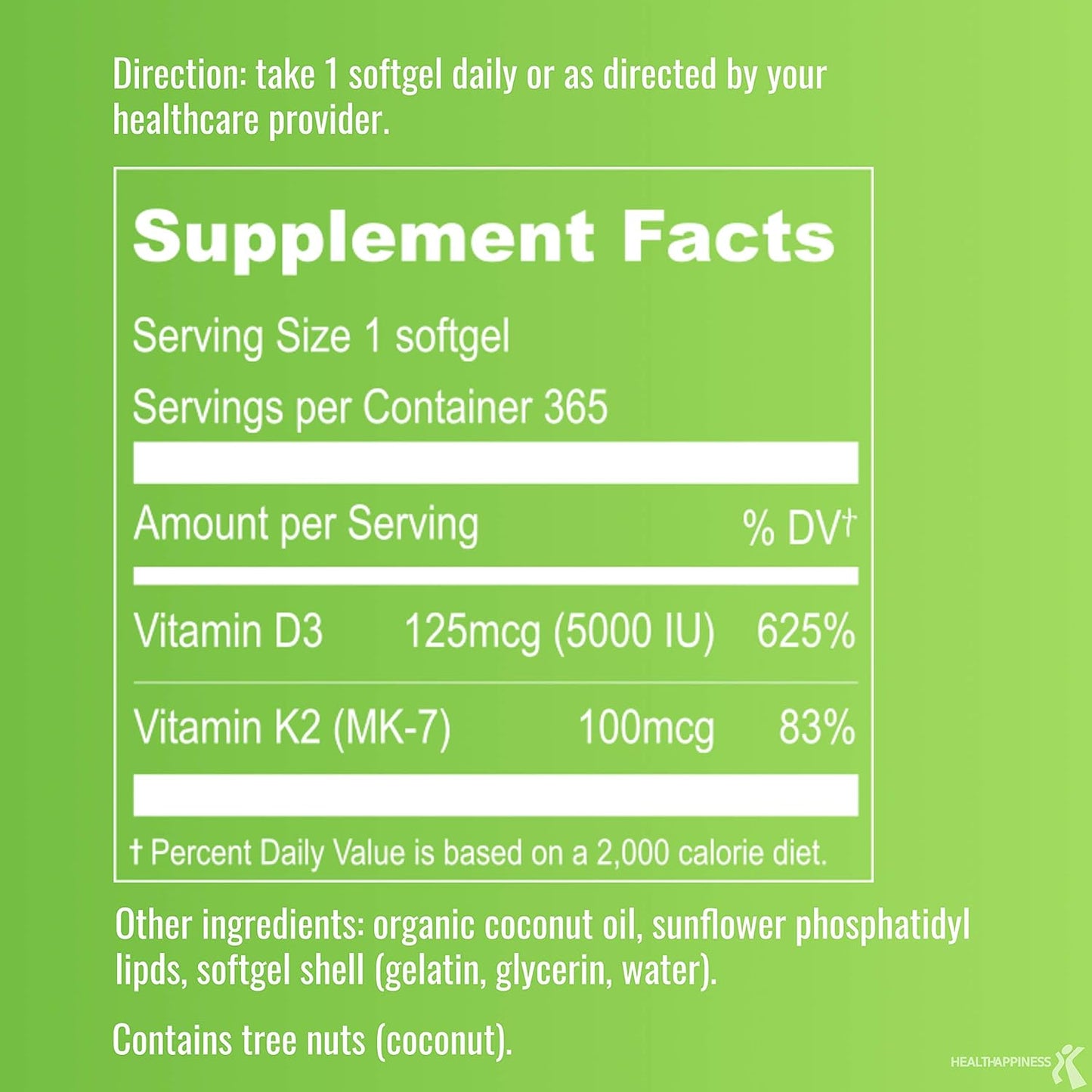 Liposomal D3 & K2 MK-7 Supplements for Bone and Immune Health, 5000 IU D3, 125 mcg K2, Organic Coconut Oil, 365 Softgels