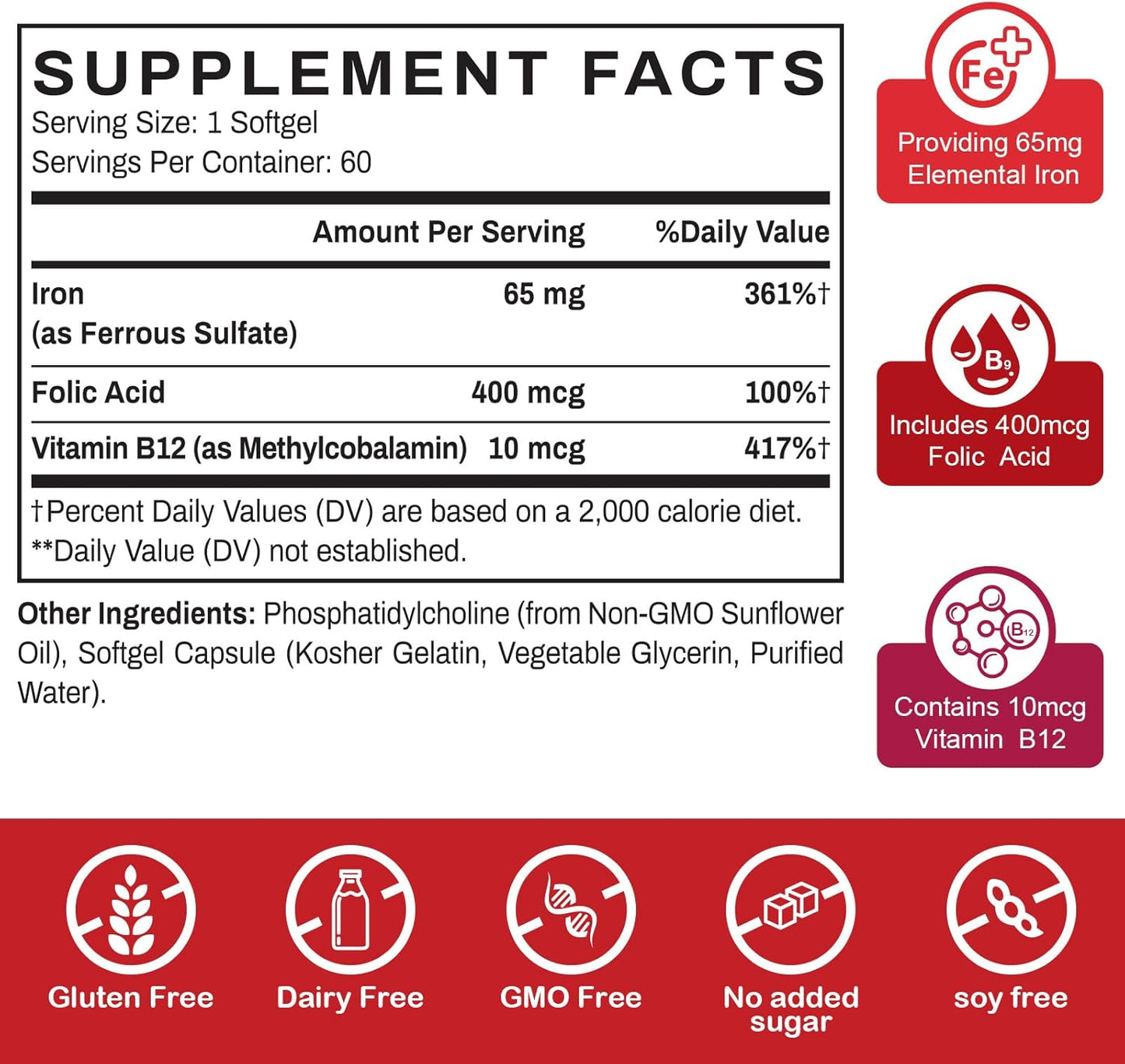 Liposomal Fe Iron Supplement for Women & Men - 65mg with Folic Acid & Vitamin B12 - Red Blood Cell Production & Energy Support - 60 Softgels - 2 Bottles