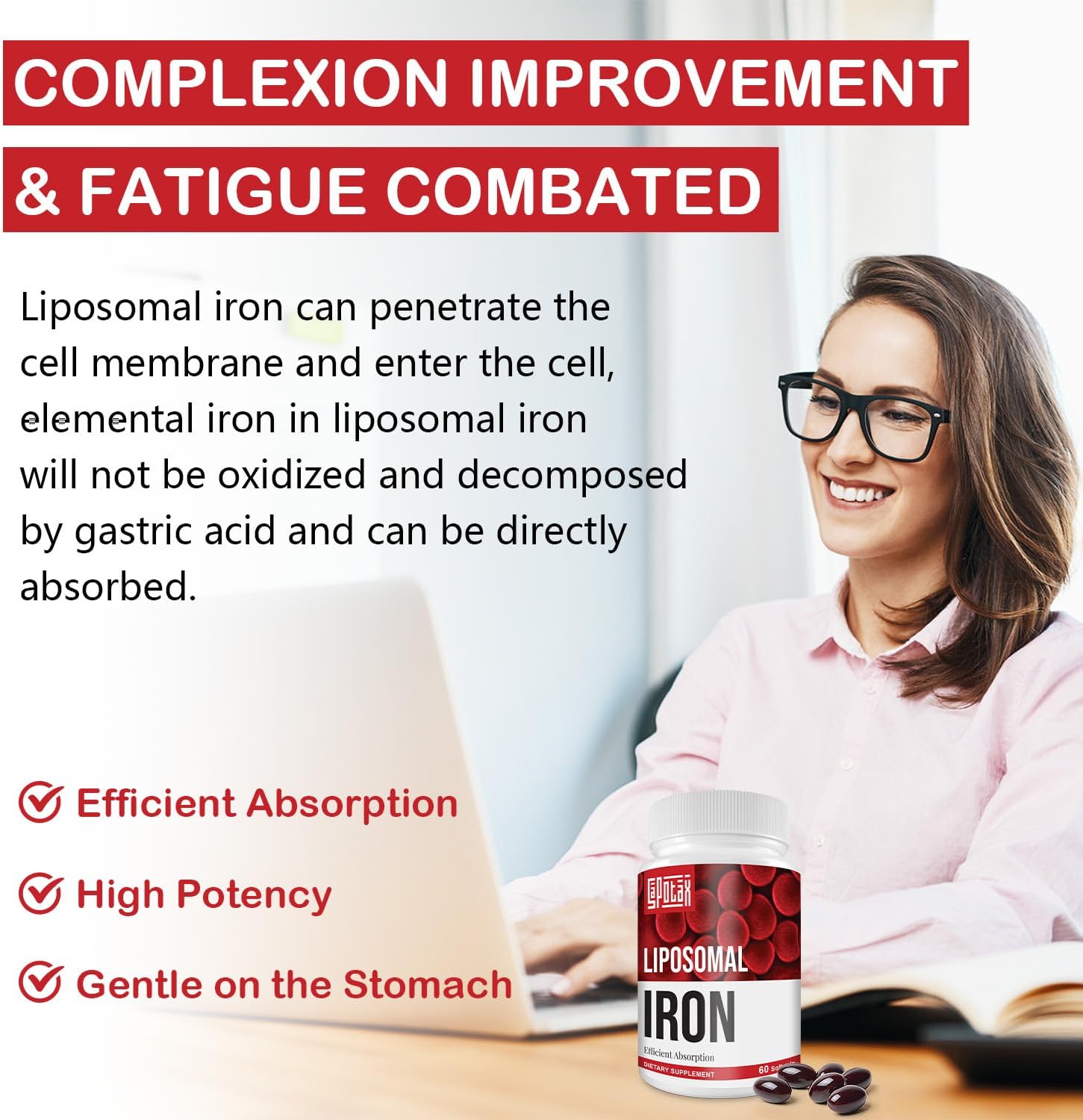 Liposomal Fe Iron Supplement for Women & Men - 65mg with Folic Acid & Vitamin B12 - Red Blood Cell Production & Energy Support - 60 Softgels - 2 Bottles