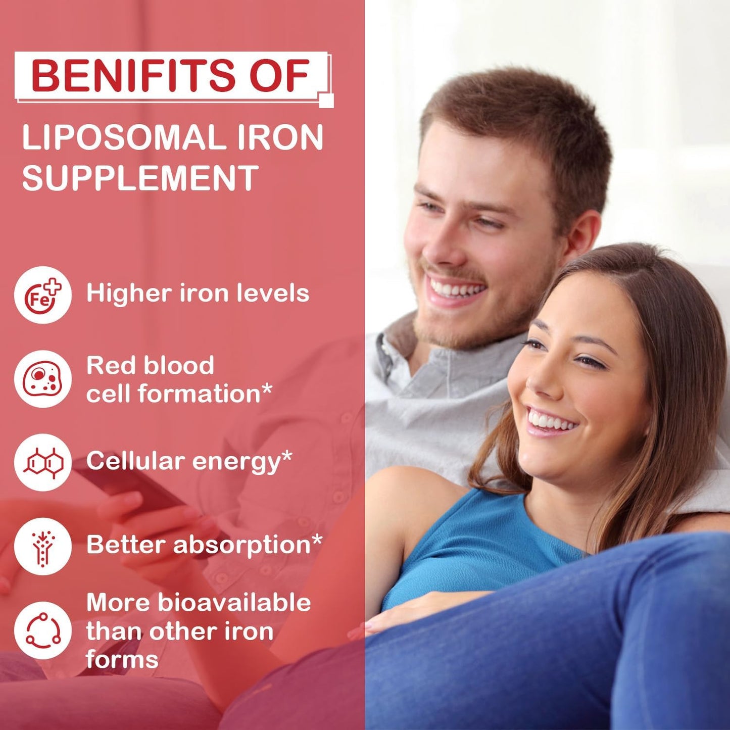 Liposomal Fe Iron Supplement for Women & Men - 65mg with Folic Acid & Vitamin B12 - Red Blood Cell Production & Energy Support - 60 Softgels - 2 Bottles