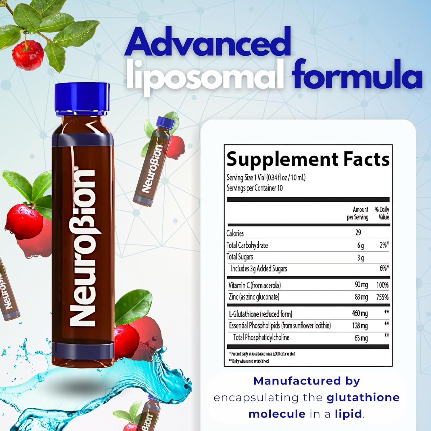 Liposomal Glutathione Liquid Supplement with Essential Phospholipids - Immune System Support - 10 Vials