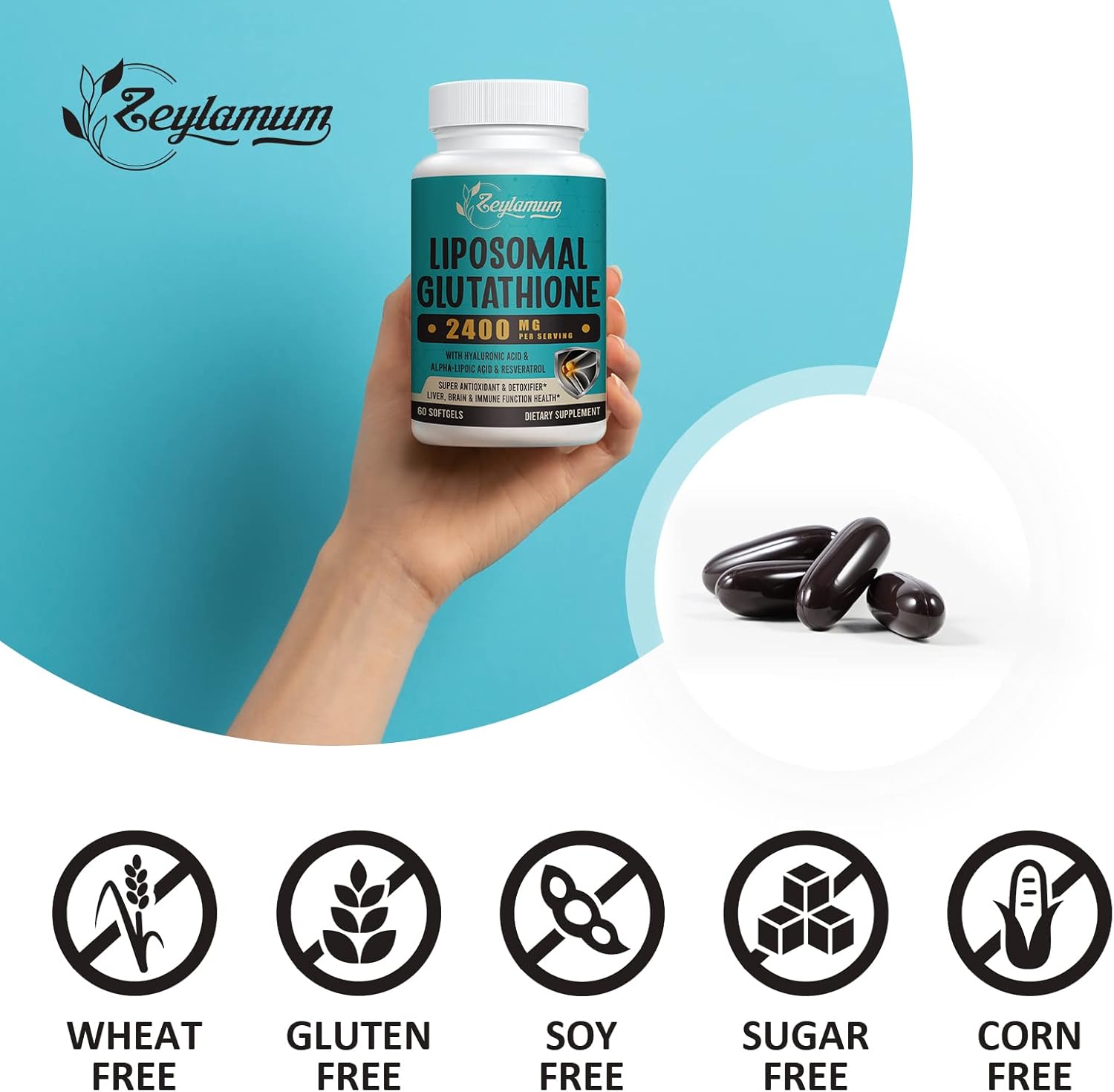 Liposomal Glutathione Softgels 2400 MG - High Absorption Formula with Hyaluronic Acid, Resveratrol, and Antioxidants - 600 Softgels for Detox and Immune Support