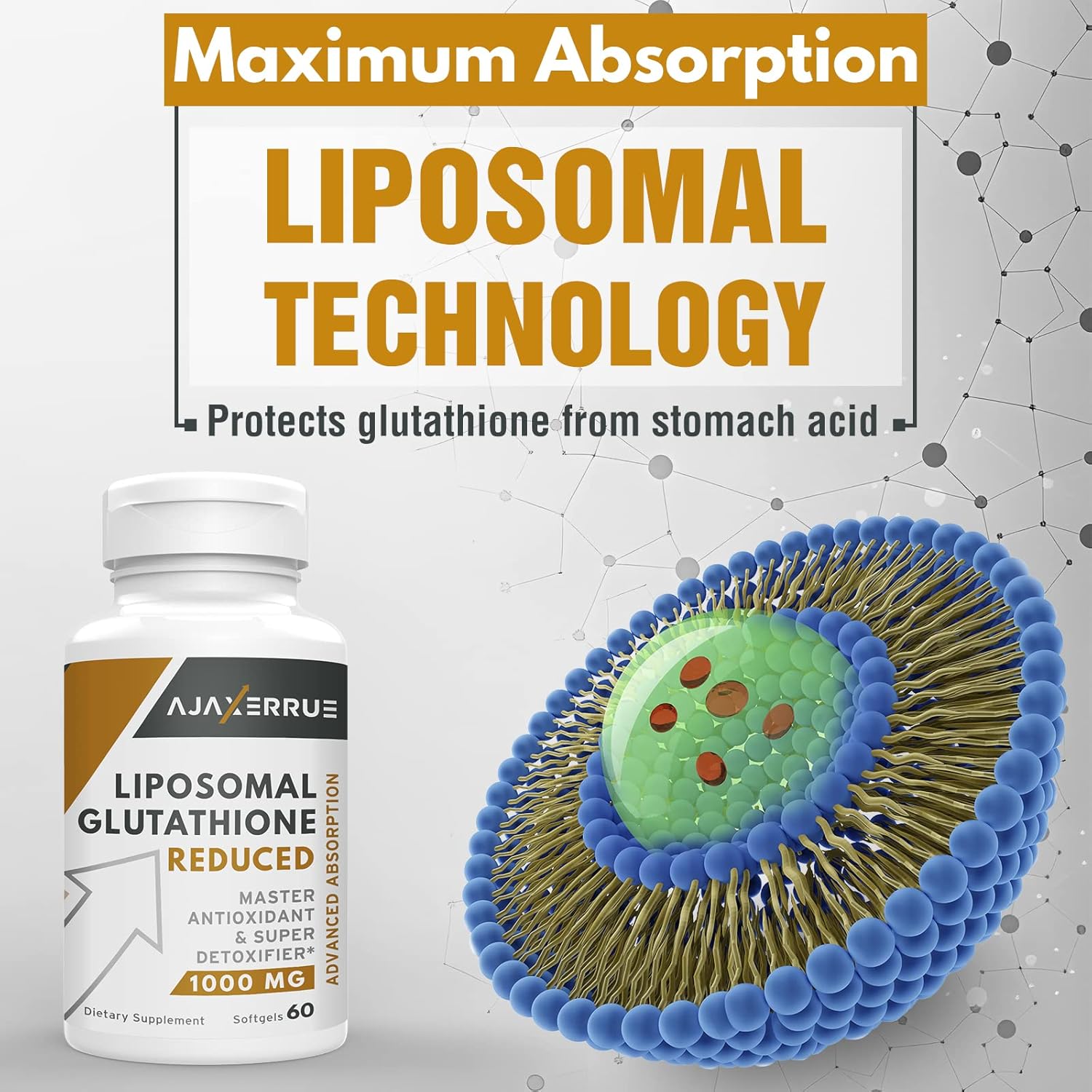 Liposomal Glutathione Supplement 1400mg with Vitamin C & Hyaluronic Acid - Antioxidant for Liver Detox, Brain & Skin - Superior Absorption Formula