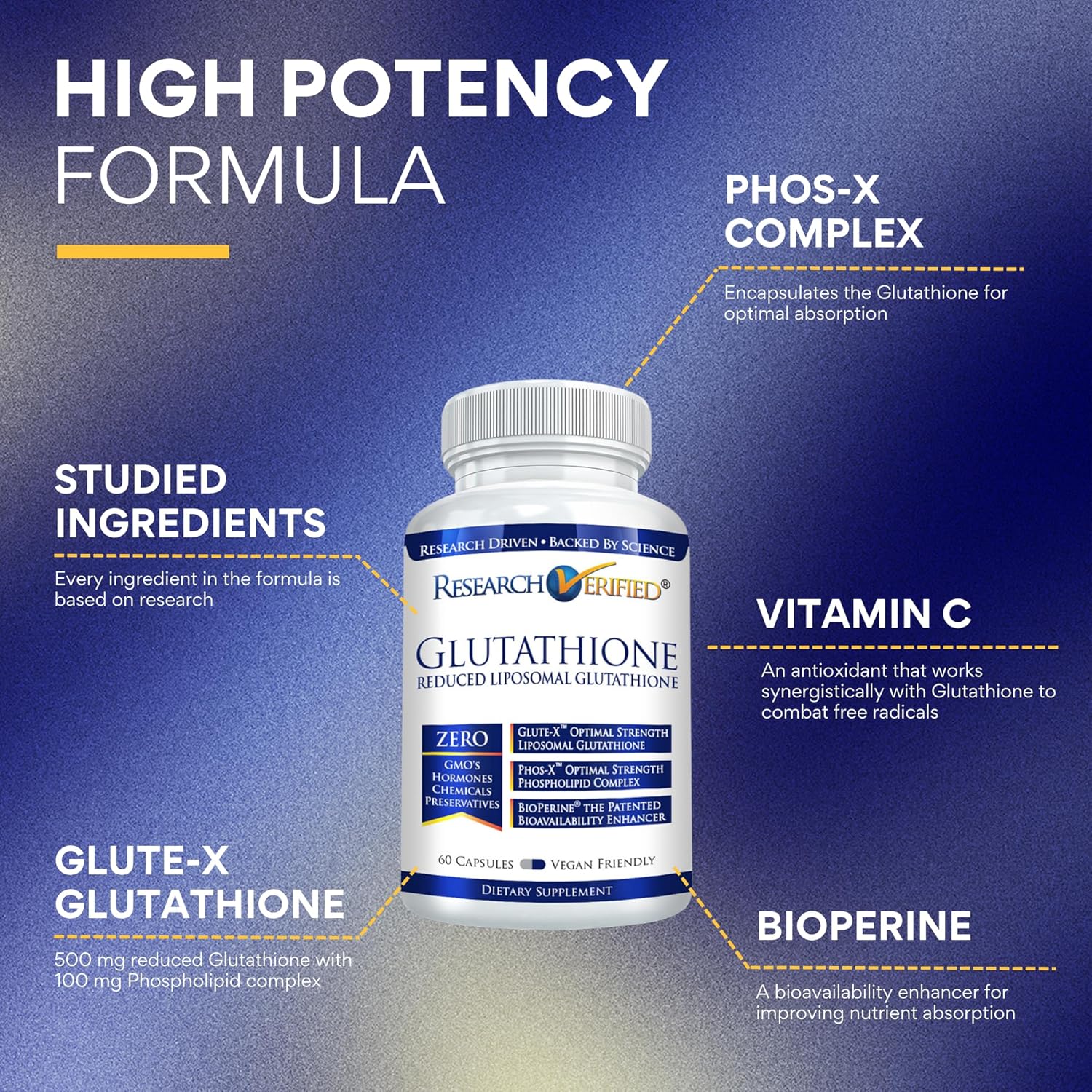 Liposomal Glutathione Supplement with Vitamin C & Bioperine - 60 Capsules (500mg) - Research Verified® Formula
