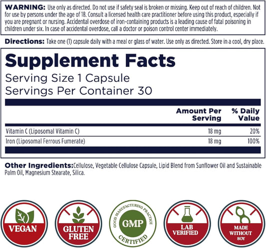 Liposomal Iron Supplement with Vitamin C for Men and Women - High Absorption, Gentle Pills, Vegan & Gluten Free - 30 Servings