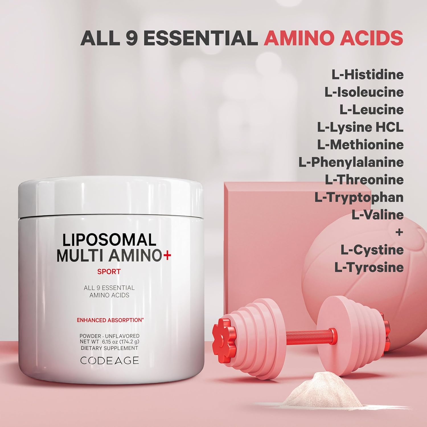 Liposomal Multi Amino Powder Supplement with BCAA & EAA - All 9 Essential Amino Acids, Pre & Post Workout, Unflavored - Non-GMO - 6.15 oz