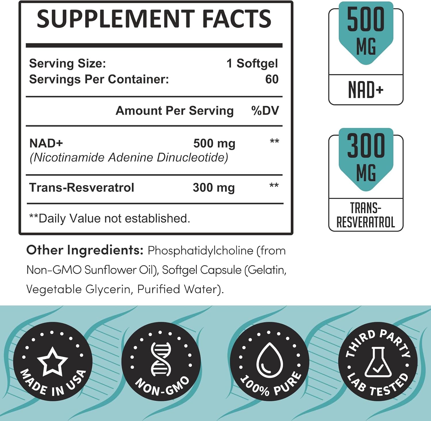 Liposomal NAD+ Boosting Supplement with Trans-Resveratrol for Healthy Aging - 60 Softgels