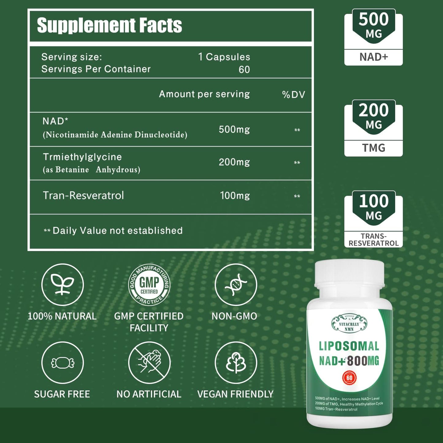Liposomal NAD+ Plus Supplement 800MG Nicotinamide Riboside Alternative for Cell Energy, Healthy Aging, Muscle Repair - 60 Capsules