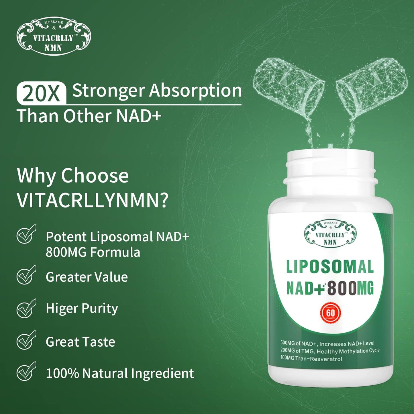 Liposomal NAD+ Plus Supplement 800MG Nicotinamide Riboside Alternative for Cell Energy, Healthy Aging, Muscle Repair - 60 Capsules