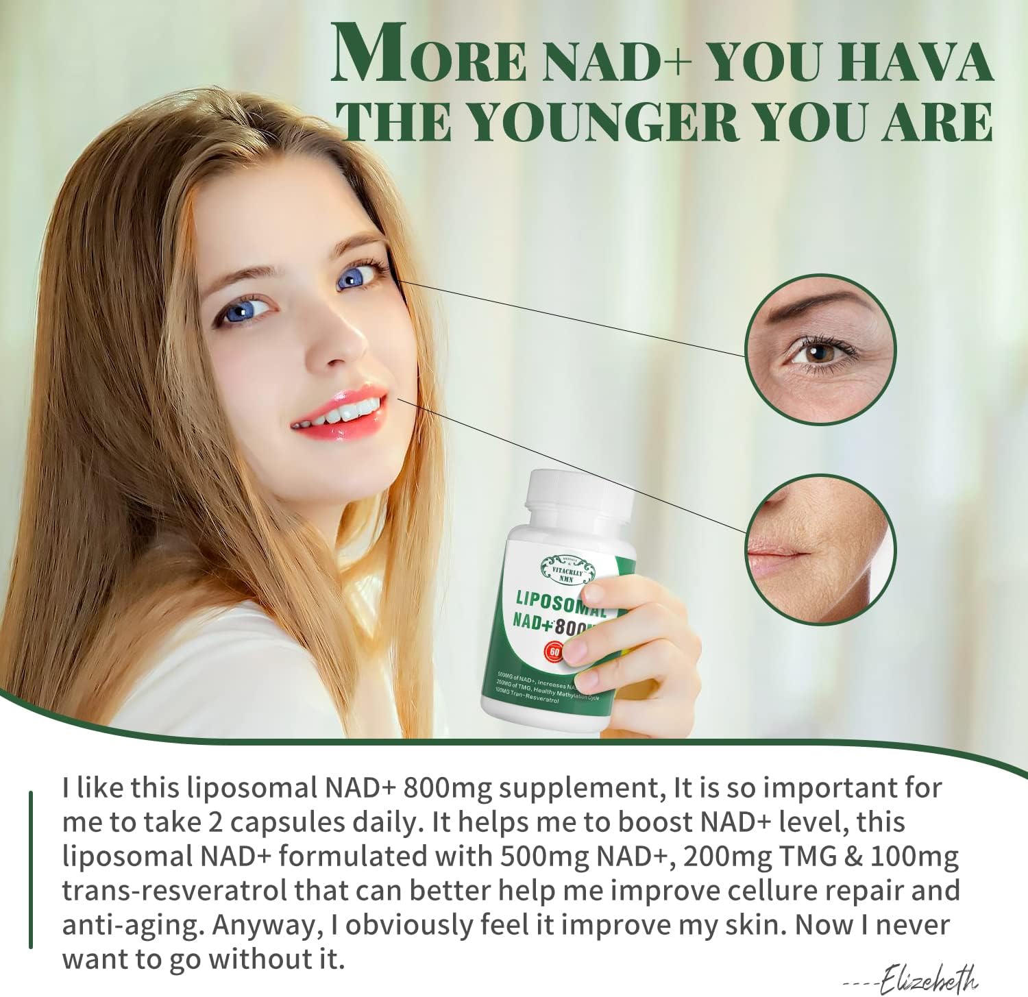 Liposomal NAD+ Plus Supplement 800MG Nicotinamide Riboside Alternative for Cell Energy, Healthy Aging, Muscle Repair - 60 Capsules