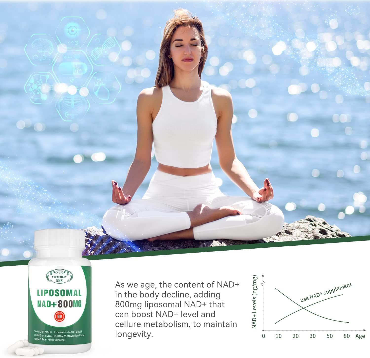 Liposomal NAD+ Supplement 1600MG - Nicotinamide Riboside for Cell Energy, Aging, Muscle Repair - 240 Capsules