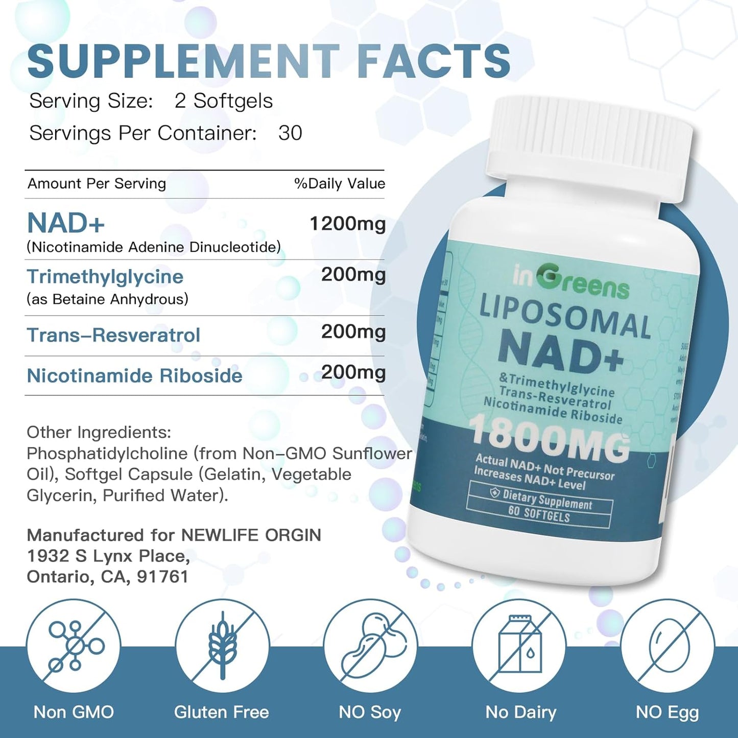 Liposomal NAD+ Supplement 1800mg with NR & Resveratrol, Boosts NAD+ Levels, Anti-Aging Defense, Cellular Energy Support - 60 Softgels