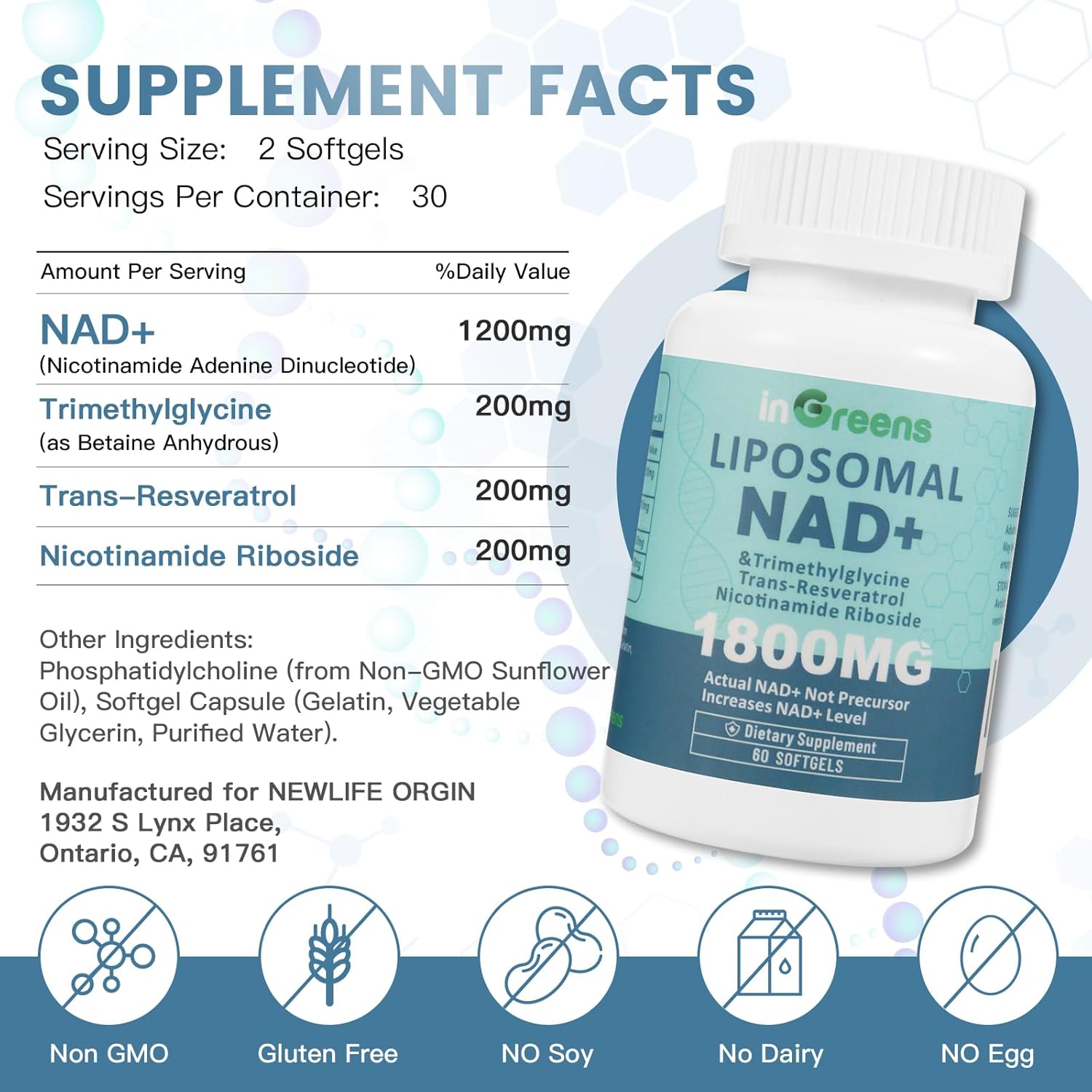 Liposomal NAD+ Supplement 1800mg with NR & Resveratrol, Boosts NAD+ Levels, Anti-Aging Defense, Cellular Energy Support - 60 Softgels