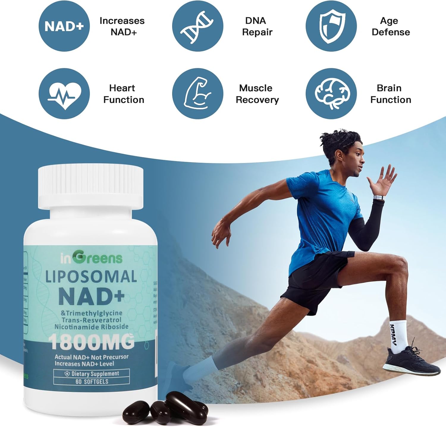 Liposomal NAD+ Supplement 1800mg with NR & Resveratrol, Boosts NAD+ Levels, Anti-Aging Defense, Cellular Energy Support - 60 Softgels