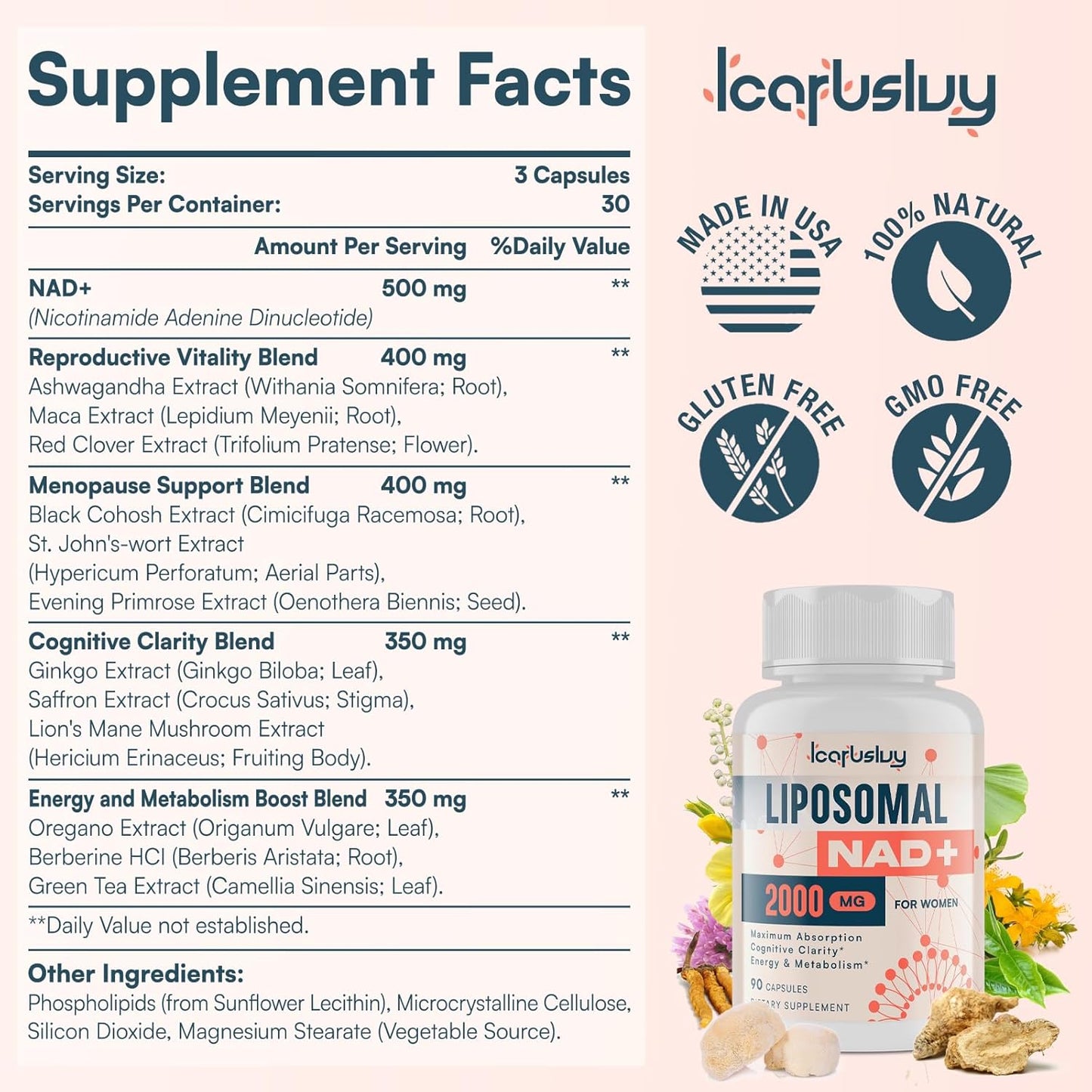 Liposomal NAD+ Supplement for Women with Ashwagandha, Maca, Black Cohosh, and Ginkgo Biloba - Max Absorption for Menopause, Cognitive Clarity, Energy, and Aging Defense - 90 Capsules, 2000MG