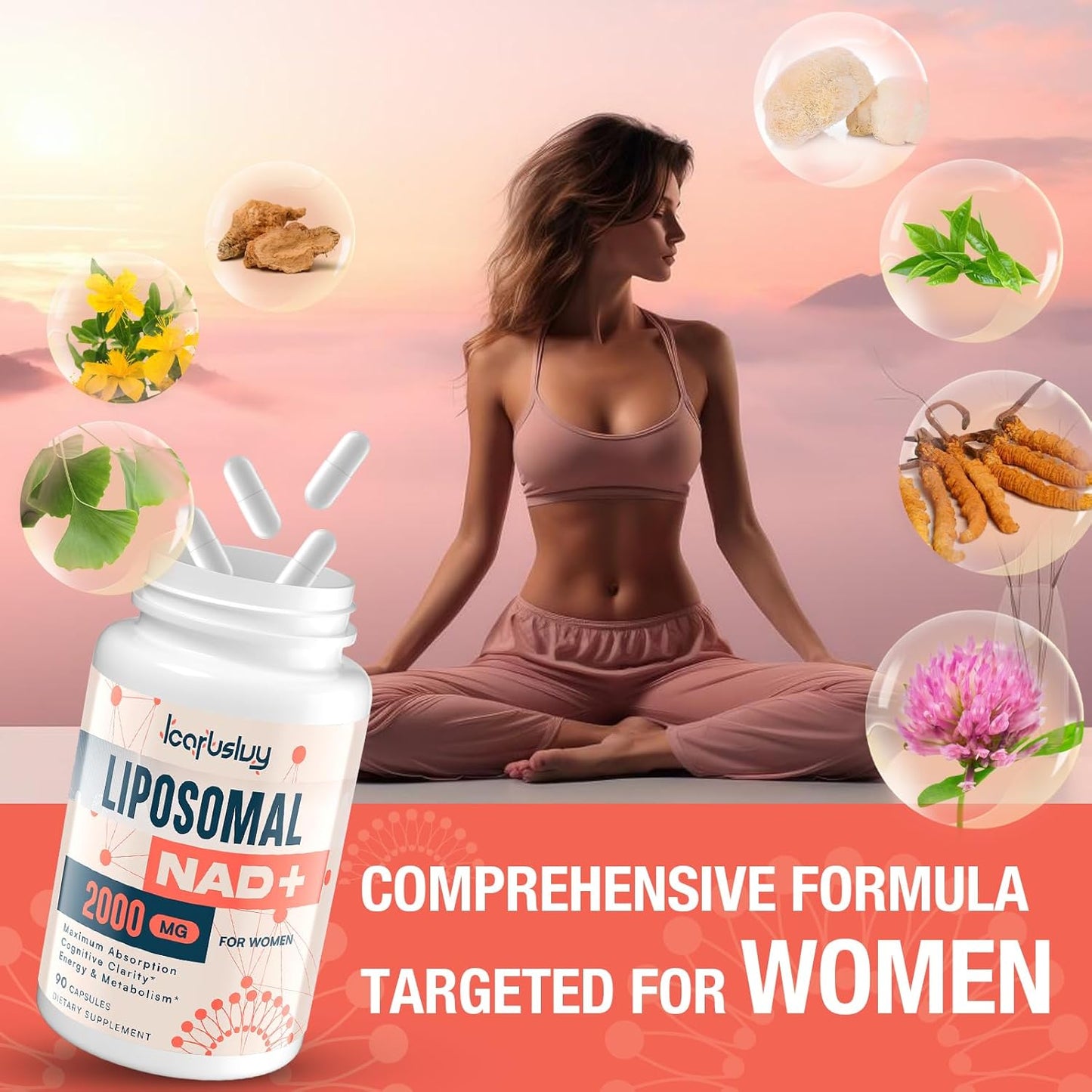Liposomal NAD+ Supplement for Women with Ashwagandha, Maca, Black Cohosh, and Ginkgo Biloba - Max Absorption for Menopause, Cognitive Clarity, Energy, and Aging Defense - 90 Capsules, 2000MG