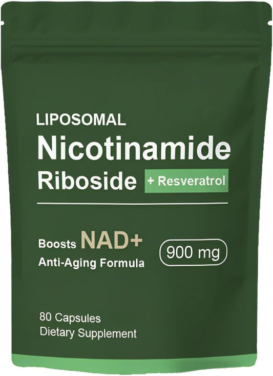 Liposomal NAD+ Supplement with Nicotinamide Riboside, Resveratrol, Quercetin - High Purity Anti-Aging Formula - 80 Capsules for Energy and Focus
