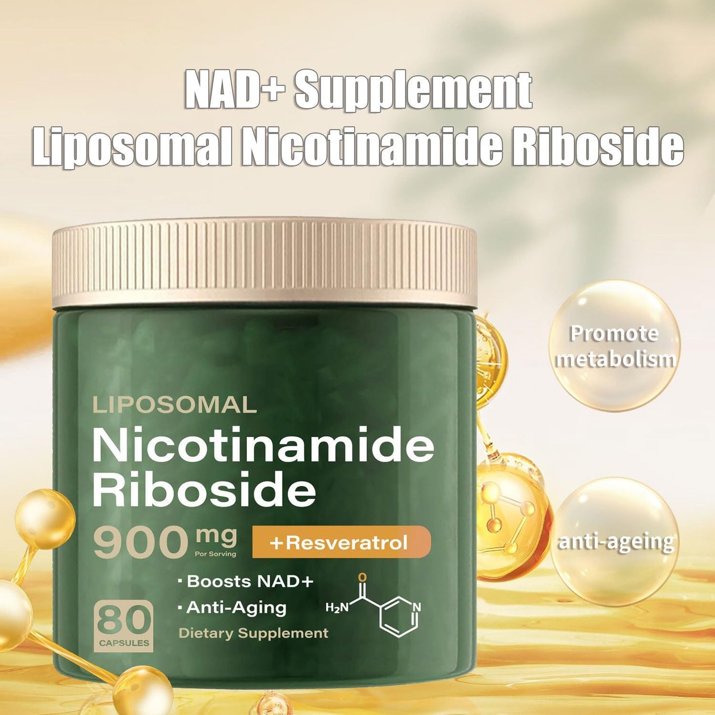 Liposomal NAD+ Supplement with Nicotinamide Riboside, Resveratrol, Quercetin - Anti-Aging - 80 Capsules