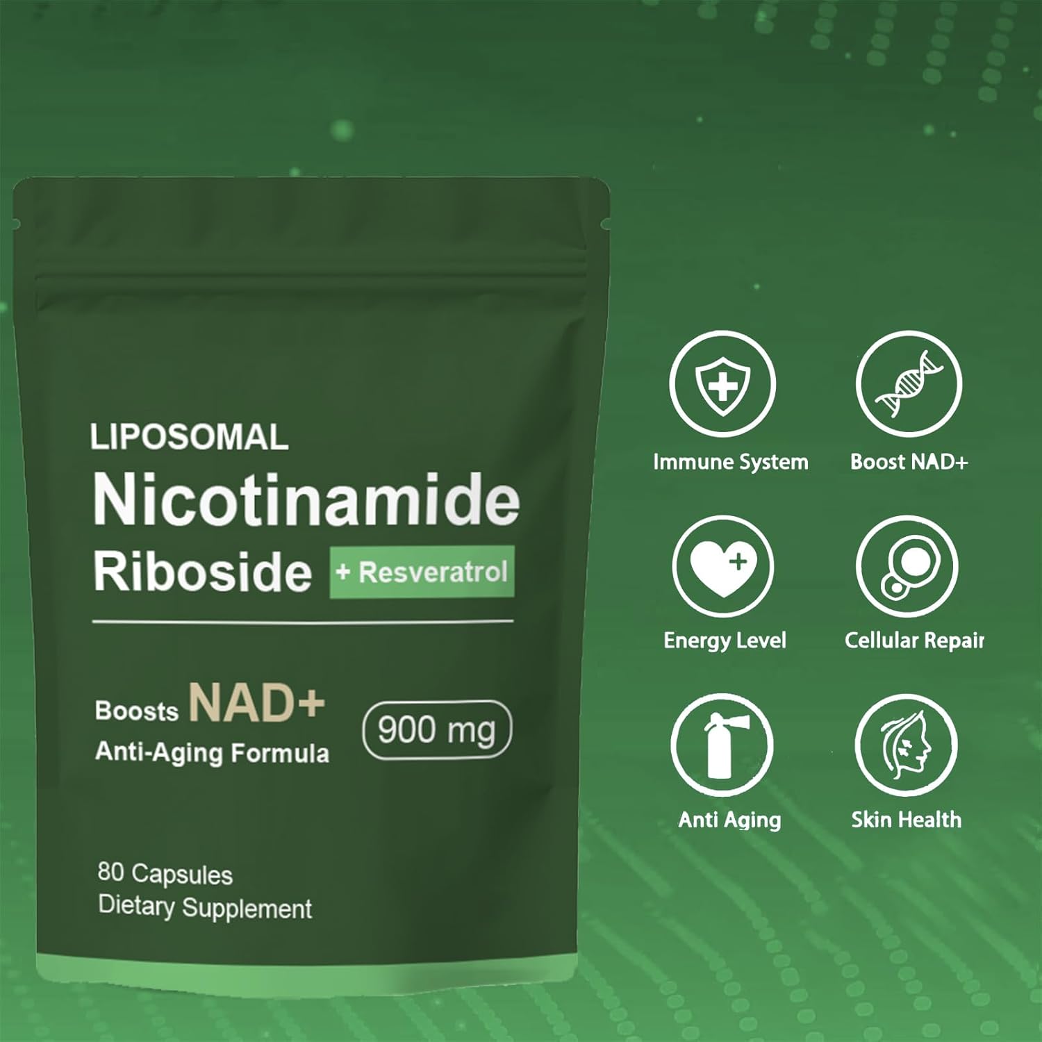 Liposomal NAD+ Supplement with Nicotinamide Riboside, Resveratrol, Quercetin - High Purity Anti-Aging Formula - 80 Capsules for Energy and Focus