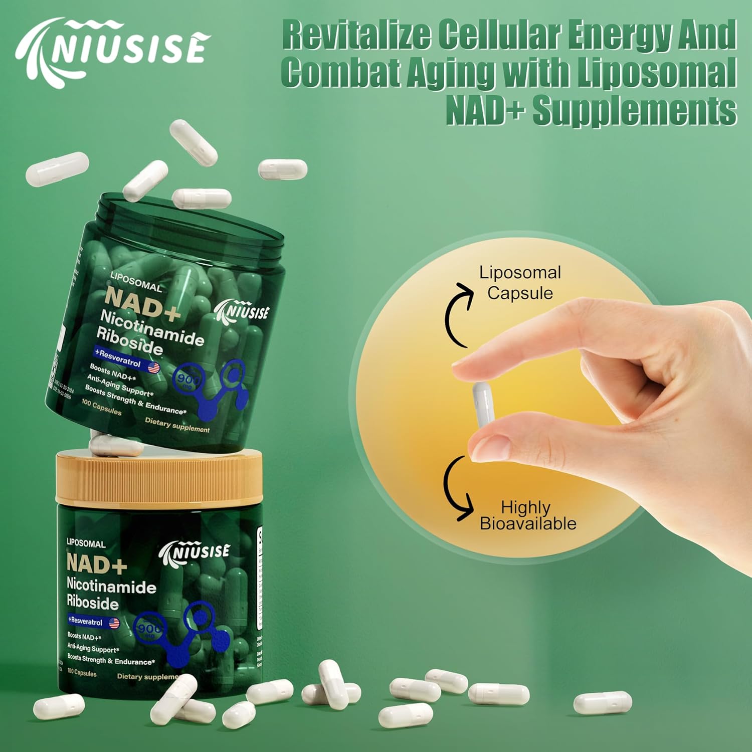 Liposomal NAD+ Supplement with Nicotinamide Riboside, Resveratrol, Quercetin - 900mg Capsules for Energy & NAD+ Boost in Men and Women