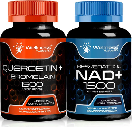 Liposomal NAD+ Supplement with Quercetin, Bromelain, and Resveratrol - 1500mg NAD Plus Boosting Capsules by WELLNESS LABSRX