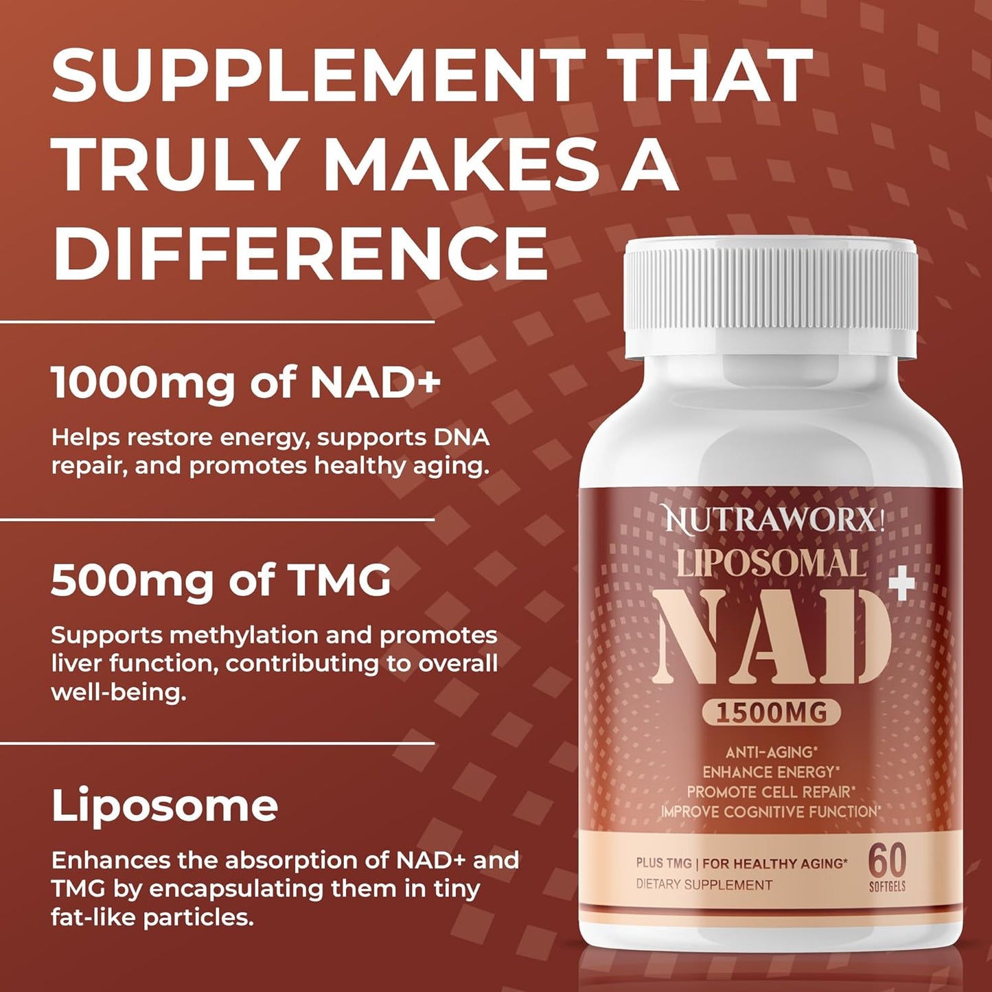 Liposomal NAD+ with TMG - Daily Wellness Supplement - 60 Softgels by Nutraworx