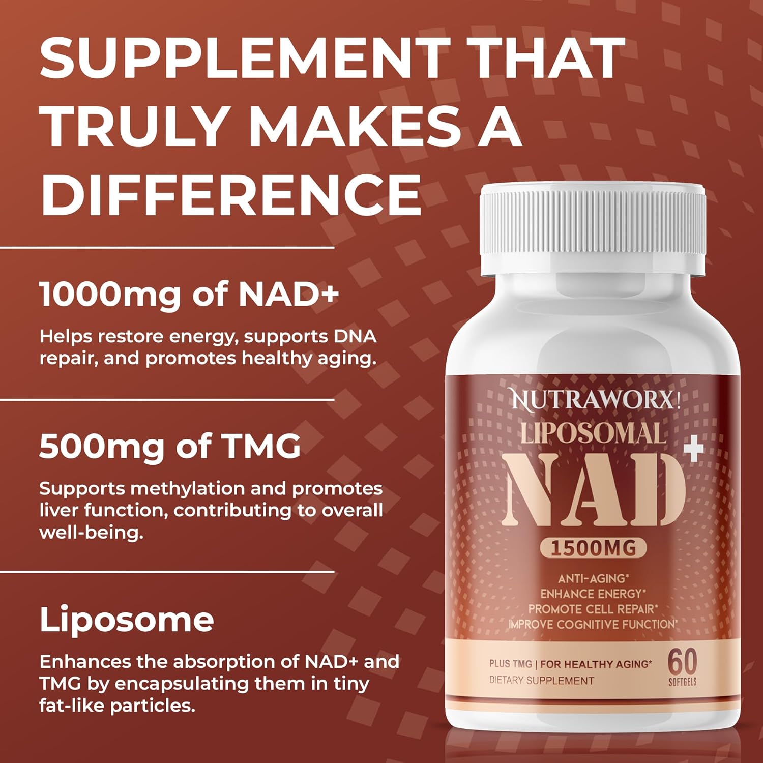Liposomal NAD+ with TMG - Daily Wellness Supplement - 60 Softgels by Nutraworx