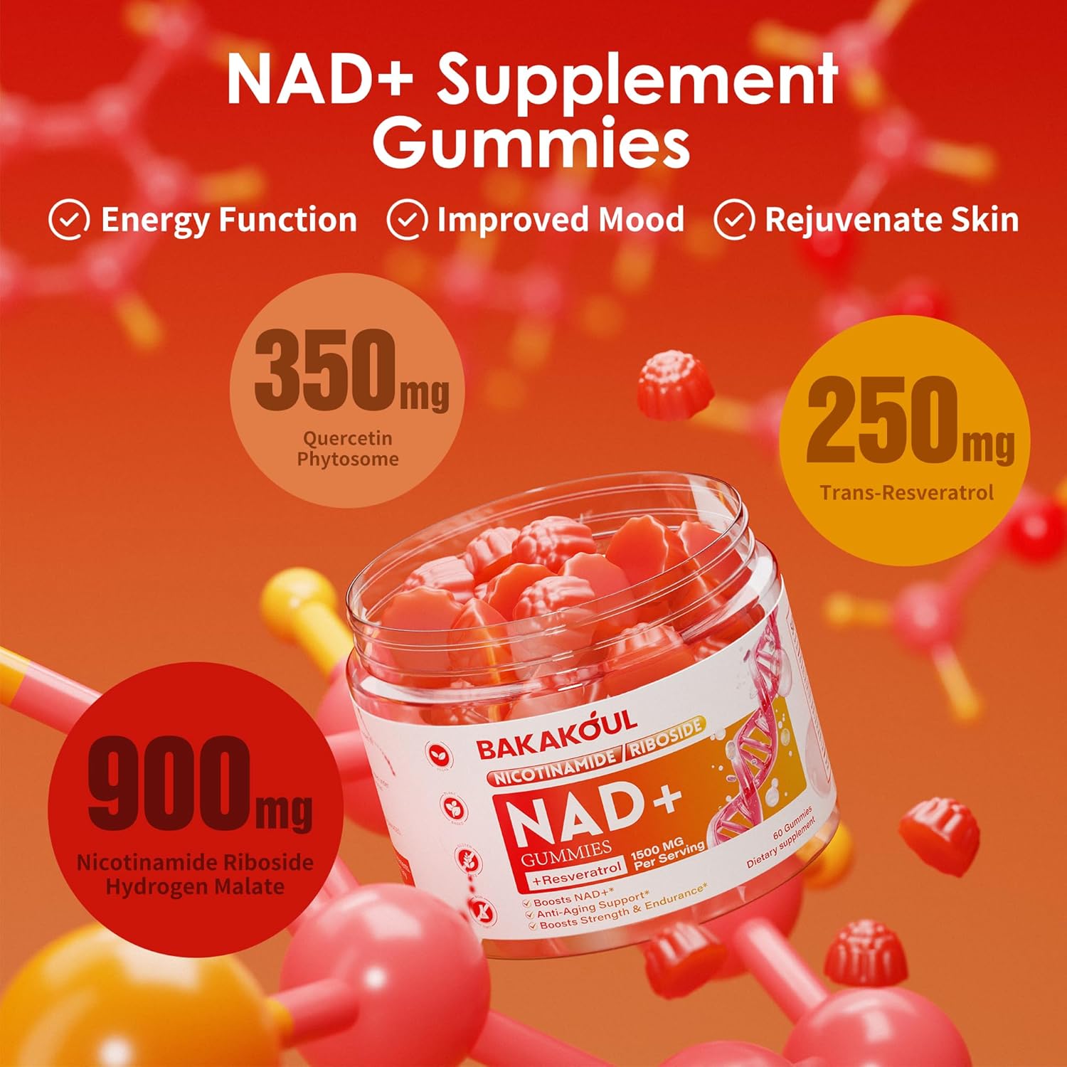 Liposomal Nicotinamide Riboside Gummies with Resveratrol and Quercetin - NAD+ Supplement for Men and Women, 2 Pack of 60 Gummies