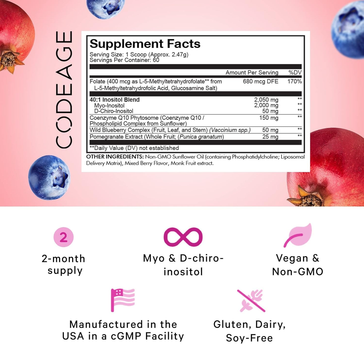 Liposomal Ovarian Inositol Powder with Myo-Inositol & D-Chiro-Inositol Blend, Folate, CoQ10, Pomegranate, Wild Blueberry - 2-Month Supply - Mixed Berry Flavor - Non-GMO, 60 Servings