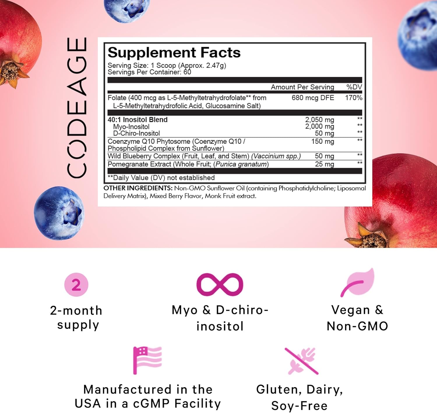 Liposomal Ovarian Inositol Powder with Myo-Inositol & D-Chiro-Inositol Blend, Folate, CoQ10, Pomegranate, Wild Blueberry - 2-Month Supply - Mixed Berry Flavor - Non-GMO, 60 Servings