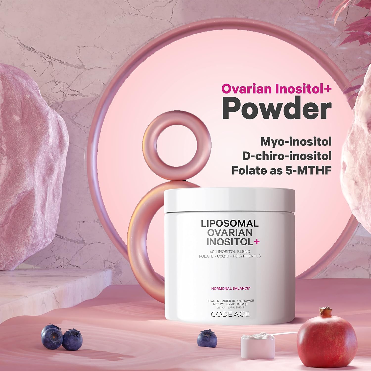 Liposomal Ovarian Inositol Powder with Myo-Inositol & D-Chiro-Inositol Blend, Folate, CoQ10, Pomegranate, Wild Blueberry - 2-Month Supply - Mixed Berry Flavor - Non-GMO, 60 Servings