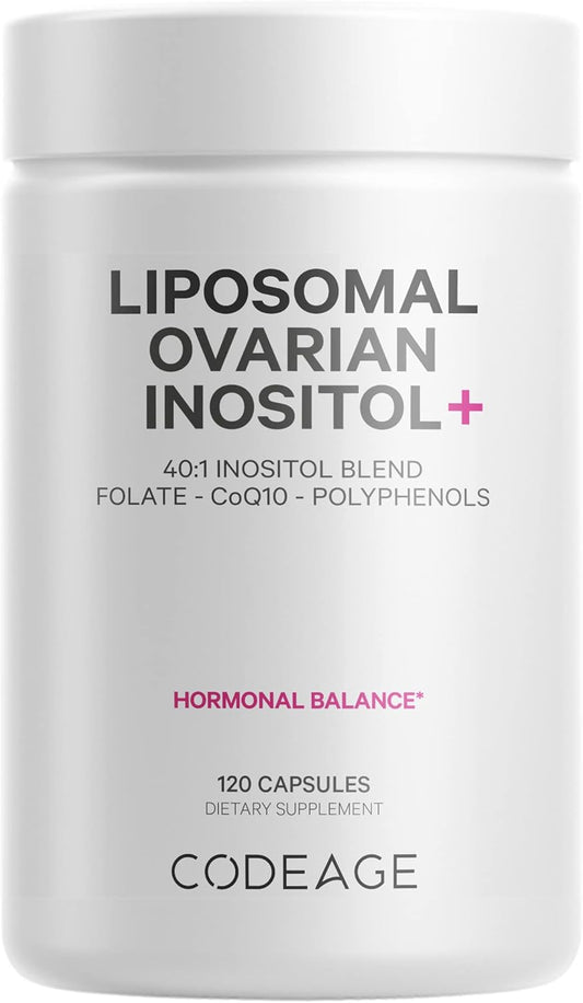 Liposomal Ovarian Inositol+ Supplement with Myo-Inositol, D-Chiro-Inositol, Folate, CoQ10, Pomegranate, Wild Blueberry - 120 Capsules