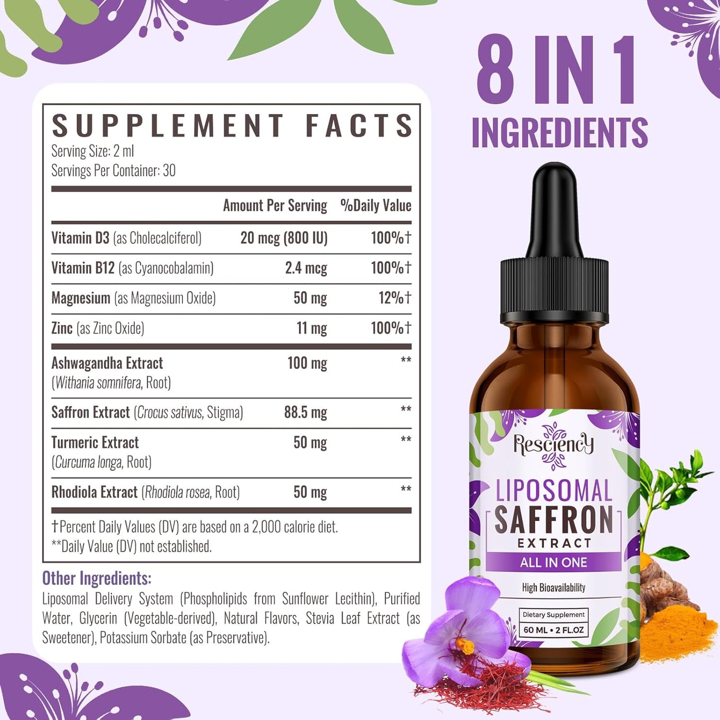 Liposomal Saffron Supplement with Ashwagandha, Turmeric, Magnesium, Zinc, Vitamin B12 & D3 - Mood, Energy, Vision, Focus - 88.5 mg Saffron Extract - 60 ml, 60 Servings
