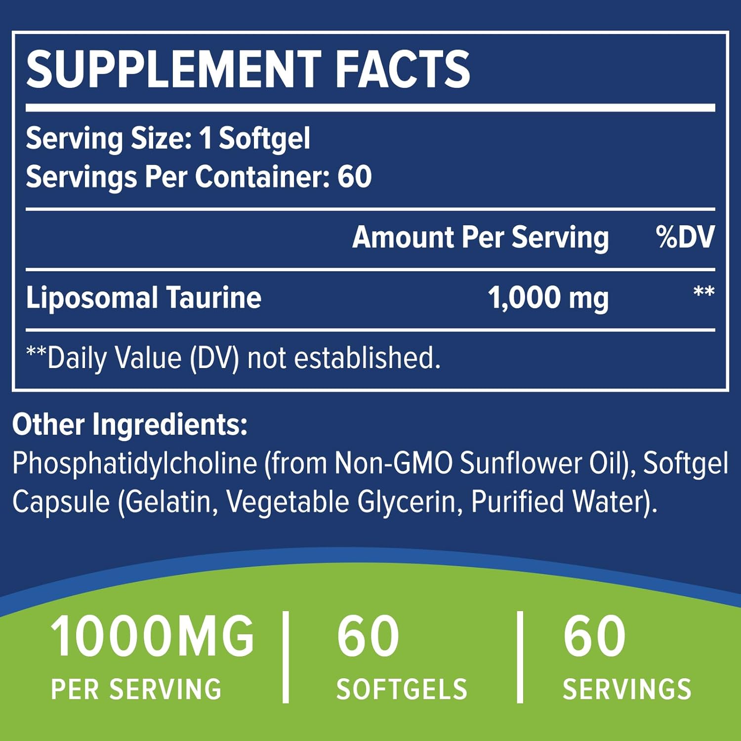 Liposomal Taurine Amino Acid Supplement 1000mg - Vegan & Gluten Free - Supports Heart, Liver, Brain Health - High Absorption - 2 Pack of 60 Softgels