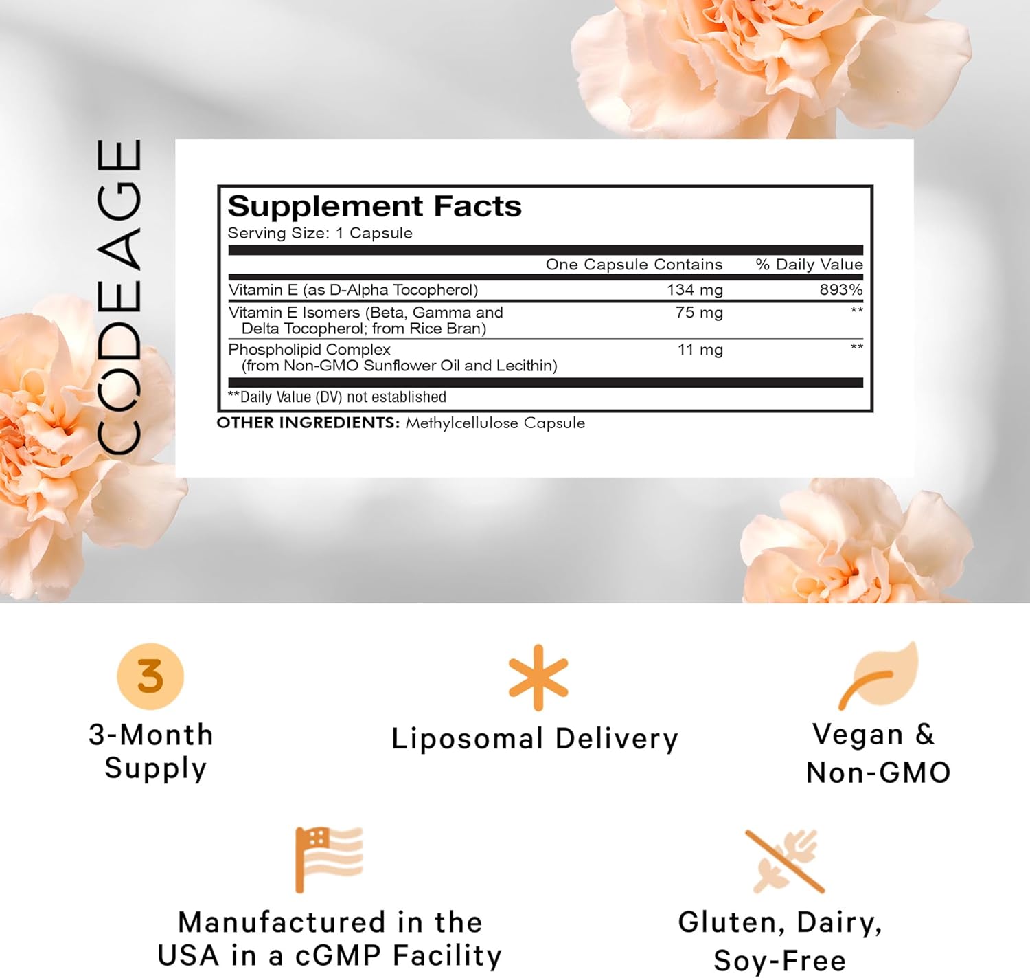 Liposomal Vitamin E Supplement with All Tocopherols - 3-Month Supply - Non-GMO - 90 Capsules
