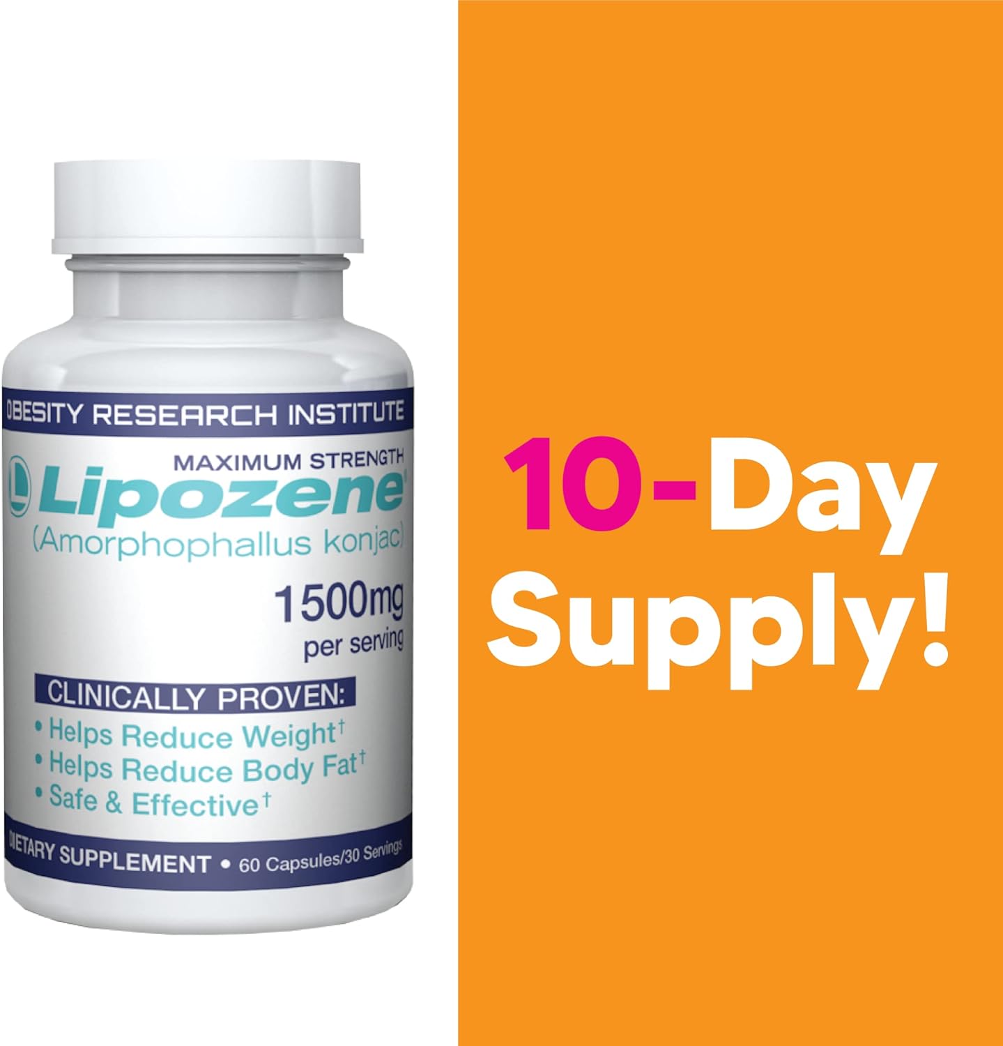 Lipozene Weight Loss Supplement - Appetite Suppressant - 60 Capsules, 30 Servings, Caffeine-Free
