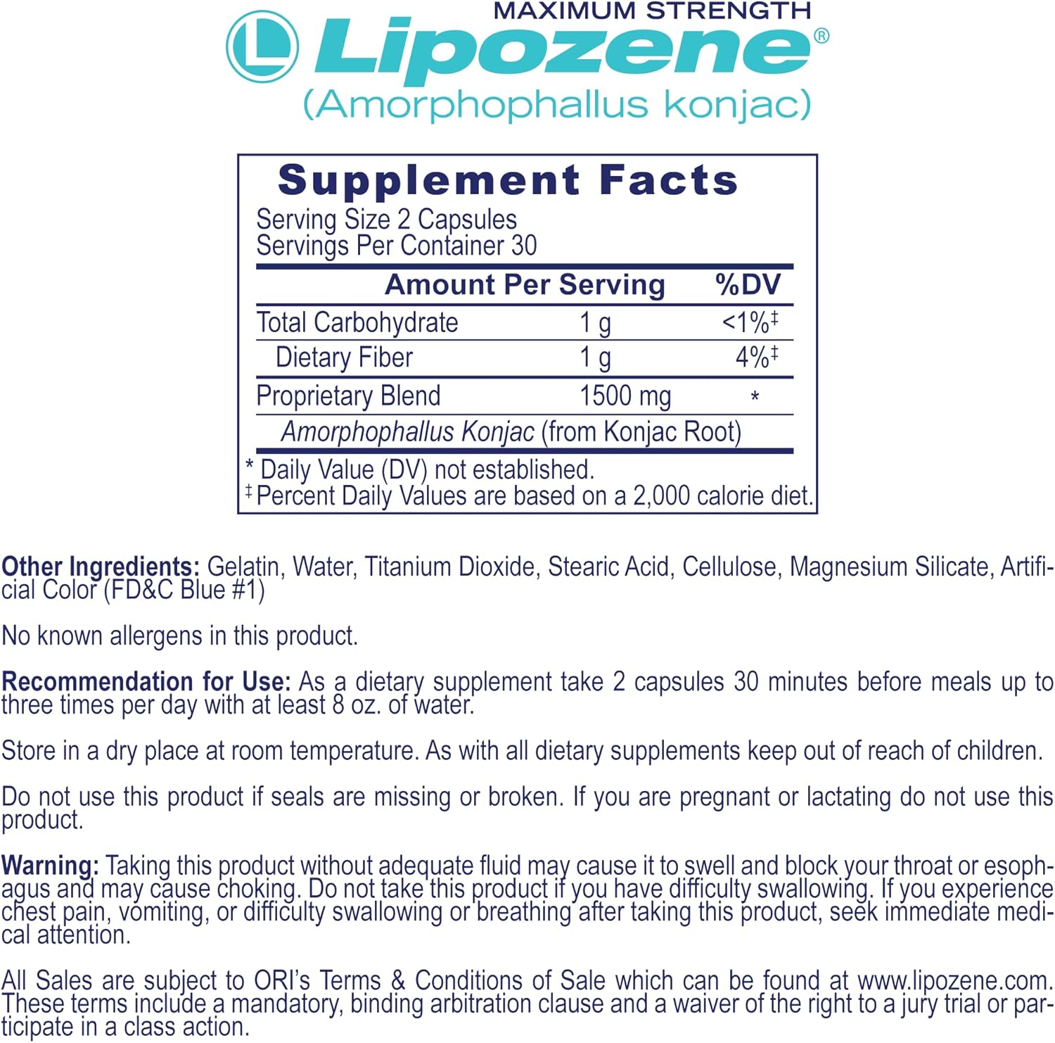 Lipozene Weight Loss Supplement - Appetite Suppressant - 60 Capsules, 30 Servings, Caffeine-Free