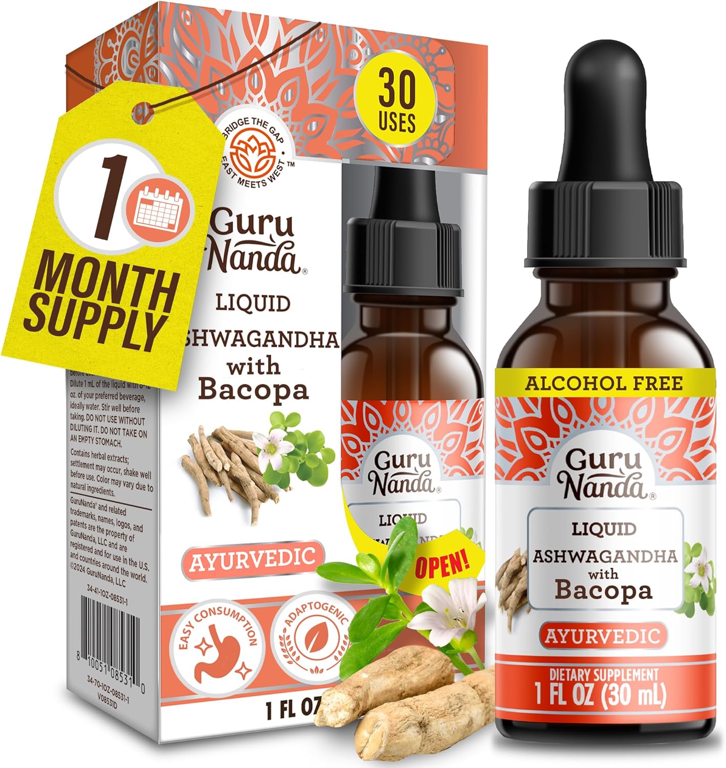 Liquid Ashwagandha with Bacopa Extract Drops - 1 Fl Oz - Natural Dietary Supplement for Immune, Focus, and Relaxation - Vegan & Alcohol-Free Formula for Men & Women