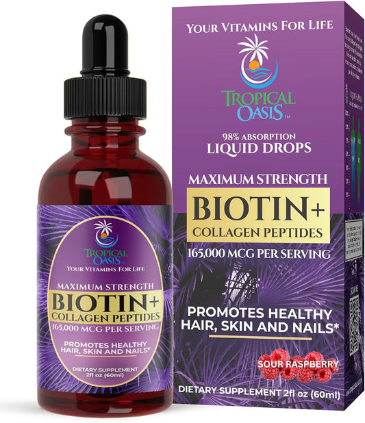 Liquid Biotin & Collagen Drops for Hair Growth - Maximum Strength 165,000mcg Formula for Women & Men - Supports Healthy Hair, Skin, Nails - High Absorption, Non-GMO - 60 Servings